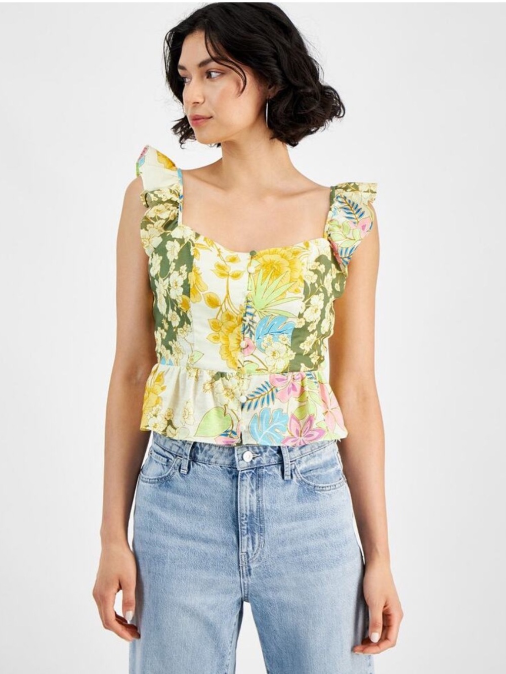 Guess Carine Floral Ruffle Strap Peplum Top Yellow, Green, Pink Small NWT